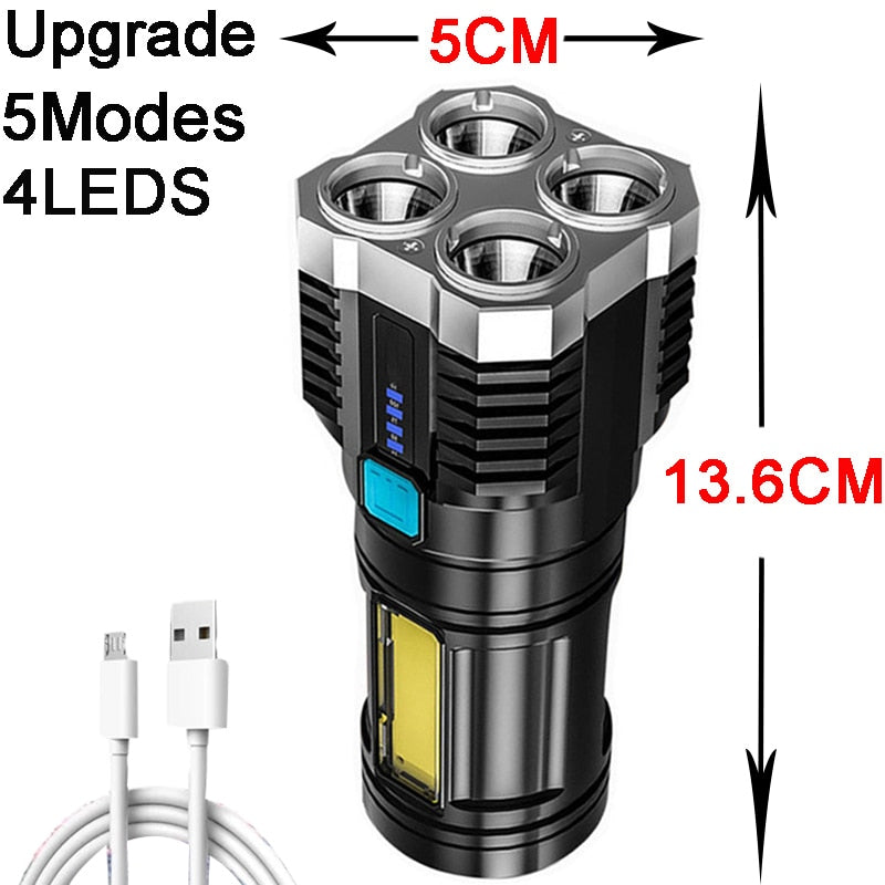 4 LED core zaklamp – zaklamp – LED Oplaadbaar – altijd zicht in het duister – inclusief batterij en USB kabel – waterbestendige zaklantaarn